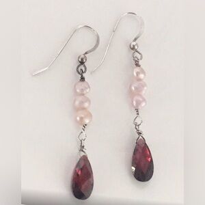 Handmade Garnet and Pink Pearl Drop Earrings